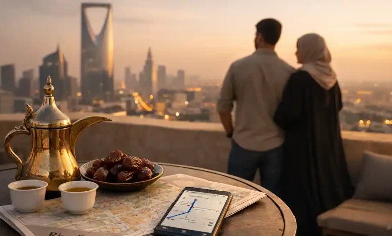 Riyadh skyline at sunset from a rooftop, with Arabic coffee, dates, a Riyadh map, and a smartphone route on a table.