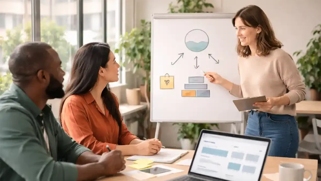 A small team meets in a bright coworking space, reviewing an SEO funnel sketch on a whiteboard with a laptop and phone on the table.