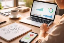 A business owner reviews SEO analytics on a laptop while planning keywords in a notebook at a bright, modern desk.