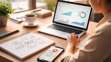 A business owner reviews SEO analytics on a laptop while planning keywords in a notebook at a bright, modern desk.