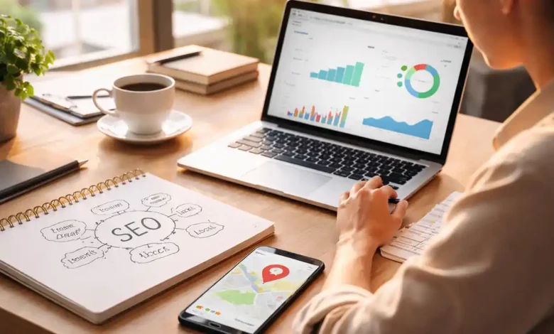 A business owner reviews SEO analytics on a laptop while planning keywords in a notebook at a bright, modern desk.