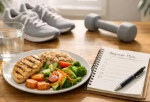 Balanced meal, notebook plan, walking shoes and dumbbell for safe beginner weight loss.