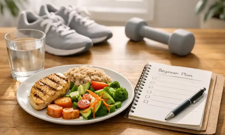 Balanced meal, notebook plan, walking shoes and dumbbell for safe beginner weight loss.