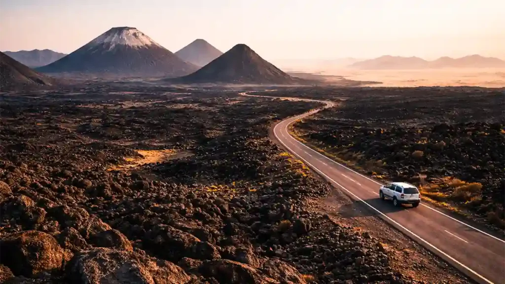 Winding road through Saudi Arabia’s black lava fields at Harrat Khaybar with cone-shaped volcanic hills and a 4x4 under a soft sunrise sky.