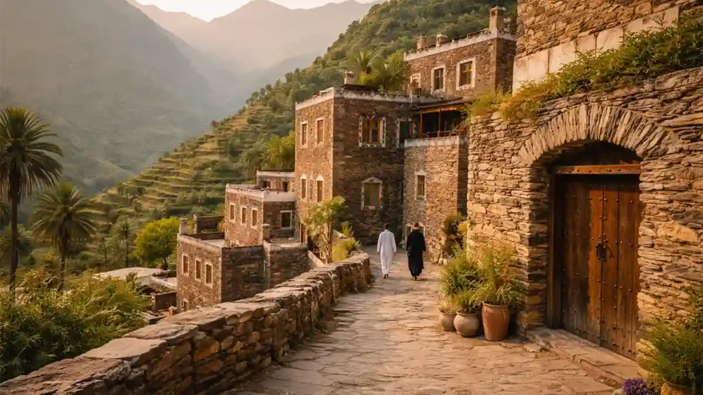 Stone heritage village in Saudi Arabia at golden hour with a cobblestone walkway, traditional buildings, and green terraced mountains in the background.