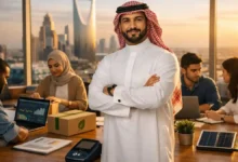 Saudi entrepreneur with team in Riyadh coworking space, showcasing digital payments, e-commerce delivery, and sustainable business growth.
