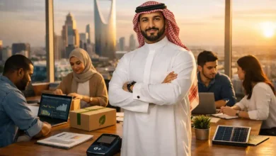 Saudi entrepreneur with team in Riyadh coworking space, showcasing digital payments, e-commerce delivery, and sustainable business growth.