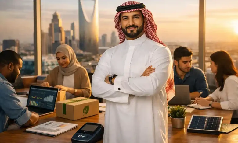 Saudi entrepreneur with team in Riyadh coworking space, showcasing digital payments, e-commerce delivery, and sustainable business growth.