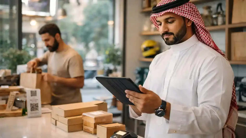Saudi small business owner in a modern café using a tablet to manage inventory while staff packs delivery orders with cashless payment setup.