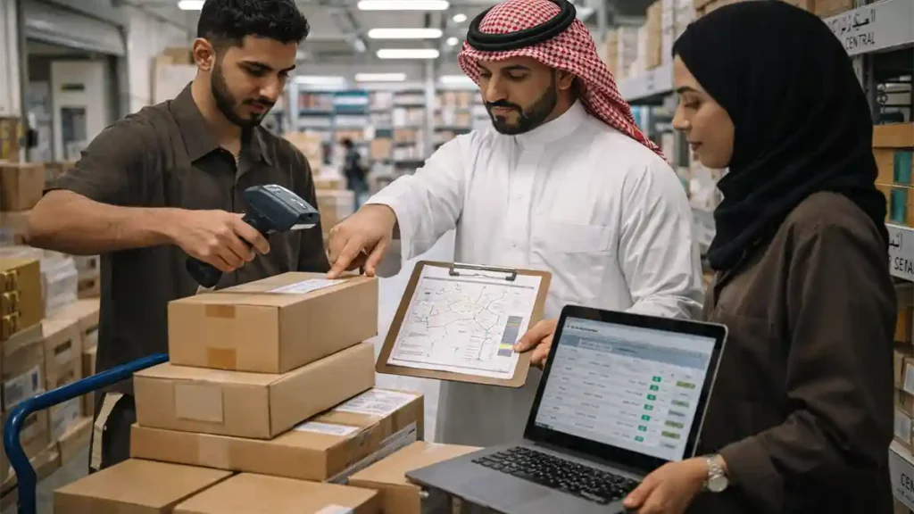 Saudi logistics team in a modern warehouse scanning parcels and reviewing delivery routes, showing e-commerce fulfillment and shipping operations.
