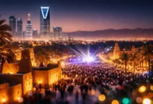 Night festival crowd in Saudi Arabia with Diriyah-style heritage buildings and Riyadh skyline lights in the background.