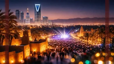 Night festival crowd in Saudi Arabia with Diriyah-style heritage buildings and Riyadh skyline lights in the background.