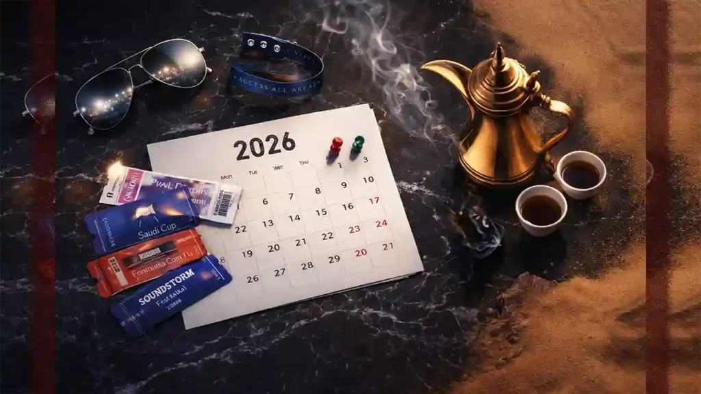 2026 calendar page with event tickets, VIP wristband, sunglasses reflecting stadium lights, and Saudi coffee set on a dark table.