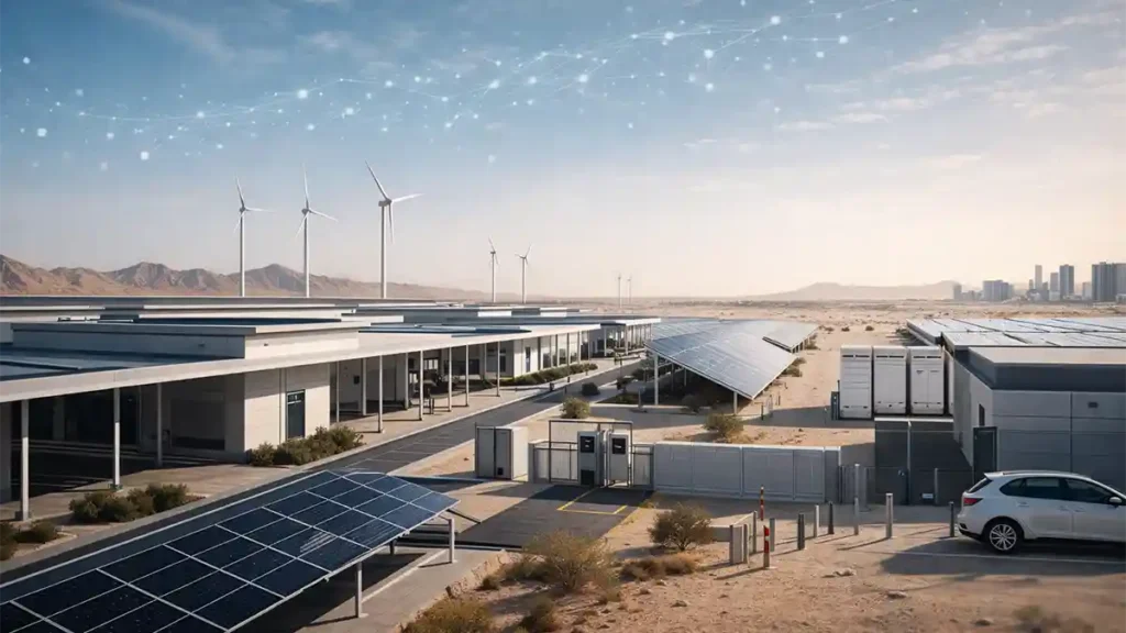 Sustainable data center campus in the Saudi desert with solar panels, wind turbines, and secure smart infrastructure