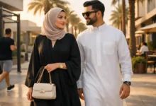 Stylish Saudi couple walking in a modern Riyadh district at golden hour with café vibe and a jogger in the background.