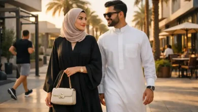 Stylish Saudi couple walking in a modern Riyadh district at golden hour with café vibe and a jogger in the background.