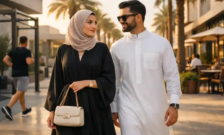 Stylish Saudi couple walking in a modern Riyadh district at golden hour with café vibe and a jogger in the background.