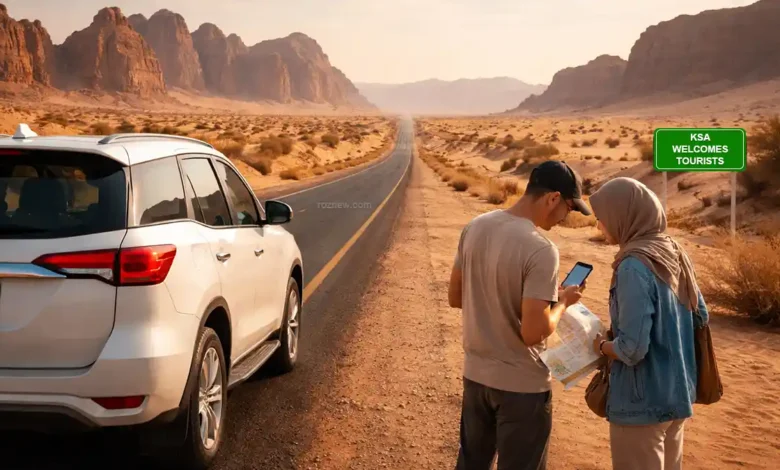 Two travelers check a map beside a white SUV on a desert highway in Saudi Arabia at golden hour, with rock formations in the background.