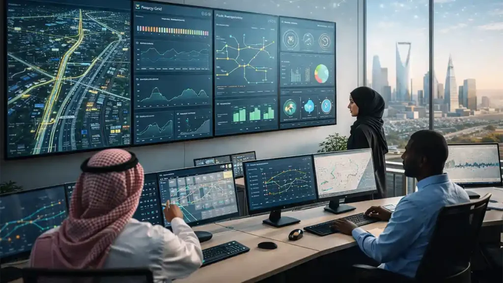 Engineers monitoring smart city dashboards in a modern Saudi control room with AI analytics on large screens