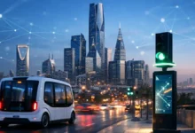 Futuristic Riyadh smart city scene with autonomous shuttle and AI network overlay at sunset
