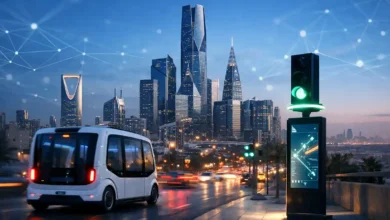 Futuristic Riyadh smart city scene with autonomous shuttle and AI network overlay at sunset