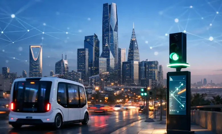 Futuristic Riyadh smart city scene with autonomous shuttle and AI network overlay at sunset