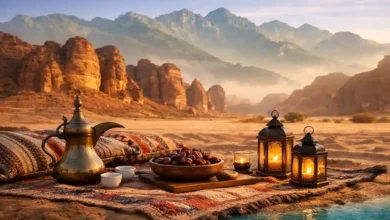 Winter travel collage in Saudi Arabia with desert rocks, mountain mist, and Red Sea colors