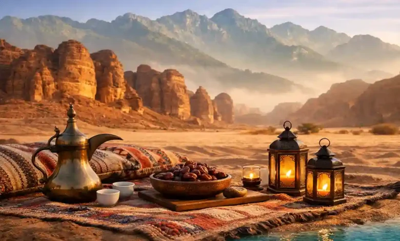 Winter travel collage in Saudi Arabia with desert rocks, mountain mist, and Red Sea colors