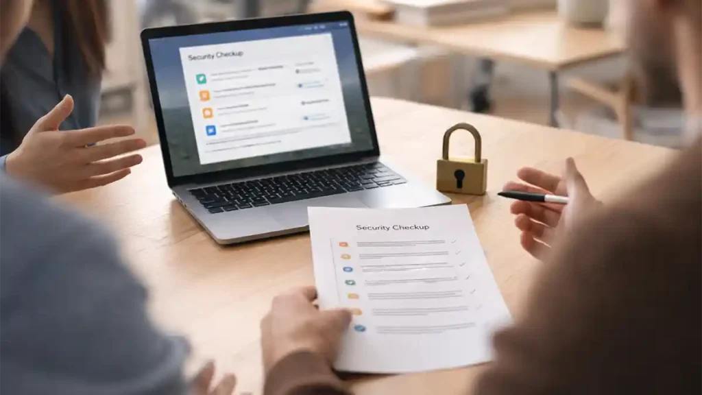 Team discussing cybersecurity at a desk with a laptop showing a security checkup screen, a checklist paper, and a padlock ornament.