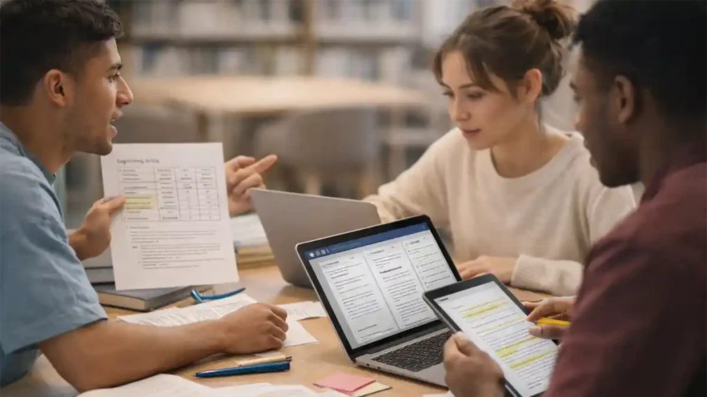 Study group in a library using a laptop and tablet with notes and highlighted research papers while discussing an assignment rubric and AI-assisted study tools