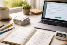 Student desk with study schedule, flashcards, and timer