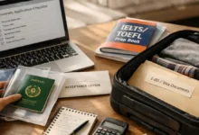 Pakistani student organizing U.S. study documents with passport, acceptance letter, IELTS/TOEFL prep book, and I-20 visa folder on a desk.
