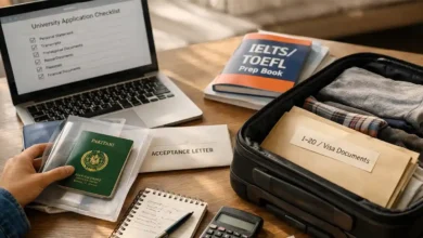 Pakistani student organizing U.S. study documents with passport, acceptance letter, IELTS/TOEFL prep book, and I-20 visa folder on a desk.