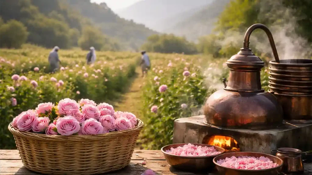 Morning view of a Taif rose farm with rows of pink roses, a basket of freshly picked blooms, and a copper distillation pot, with mountains in the background.