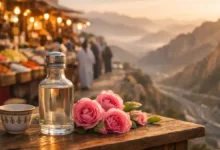 Glass bottle of Taif rose water with fresh pink roses and an Arabic coffee cup on a wooden table, with a blurred Taif market and mountain viewpoint at golden hour.