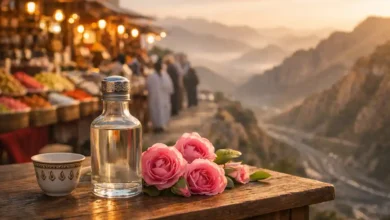 Glass bottle of Taif rose water with fresh pink roses and an Arabic coffee cup on a wooden table, with a blurred Taif market and mountain viewpoint at golden hour.