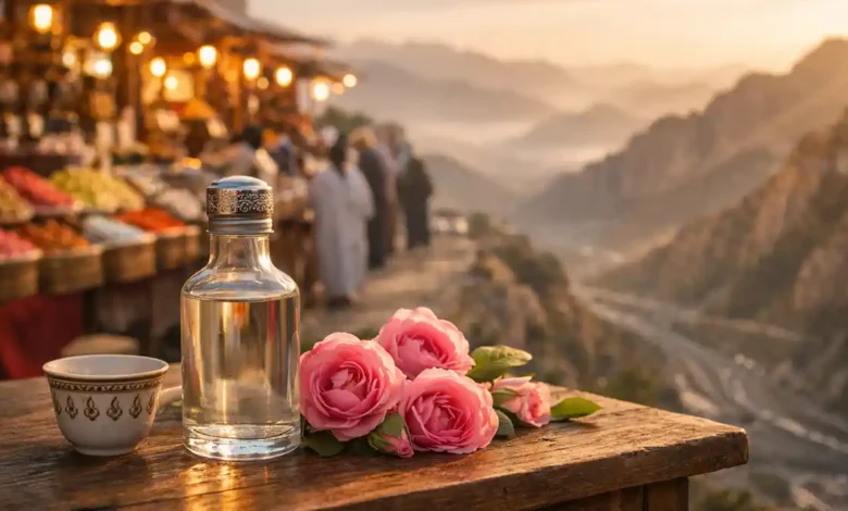 Glass bottle of Taif rose water with fresh pink roses and an Arabic coffee cup on a wooden table, with a blurred Taif market and mountain viewpoint at golden hour.