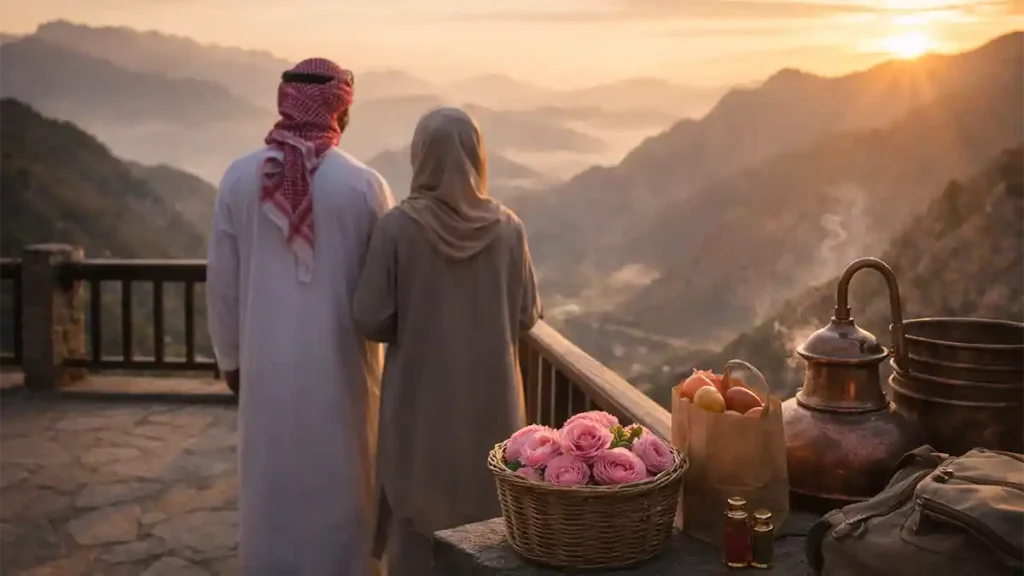 Two travelers on a viewing deck in Taif at sunset overlooking misty mountain valleys, with a bag of fruit and Taif roses placed beside a backpack.