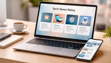 Laptop and smartphone showing an abstract tech news digest with AI, security, gadgets, and robotics icons