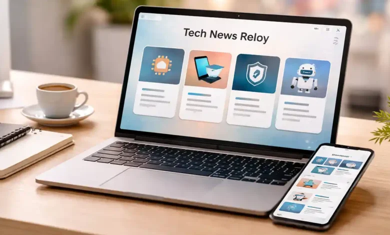 Laptop and smartphone showing an abstract tech news digest with AI, security, gadgets, and robotics icons