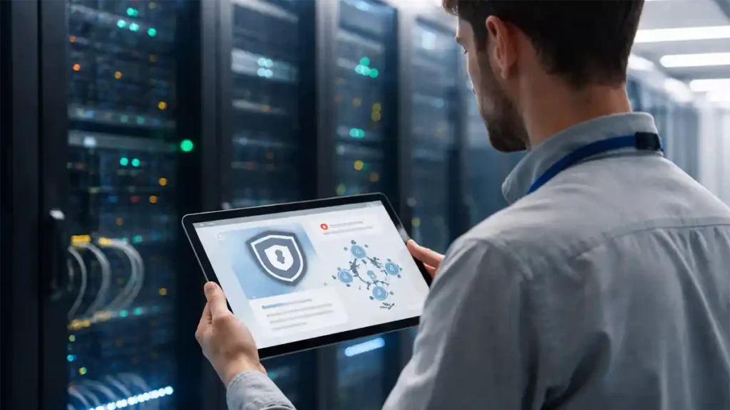 Technician reviewing an abstract security dashboard on a tablet inside a modern data center corridor