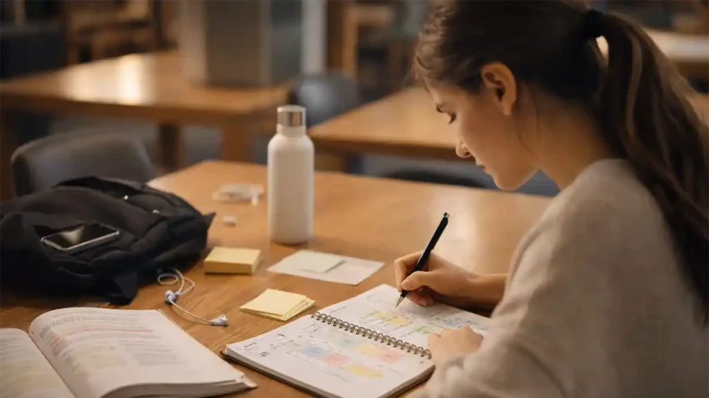 Student planning a weekly study schedule in a library with textbooks, sticky notes, and a phone put away to avoid distractions.
