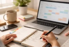Student writing a daily study plan beside a laptop calendar and coffee in soft morning light.