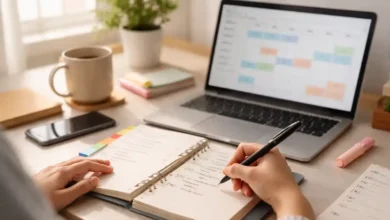 Student writing a daily study plan beside a laptop calendar and coffee in soft morning light.