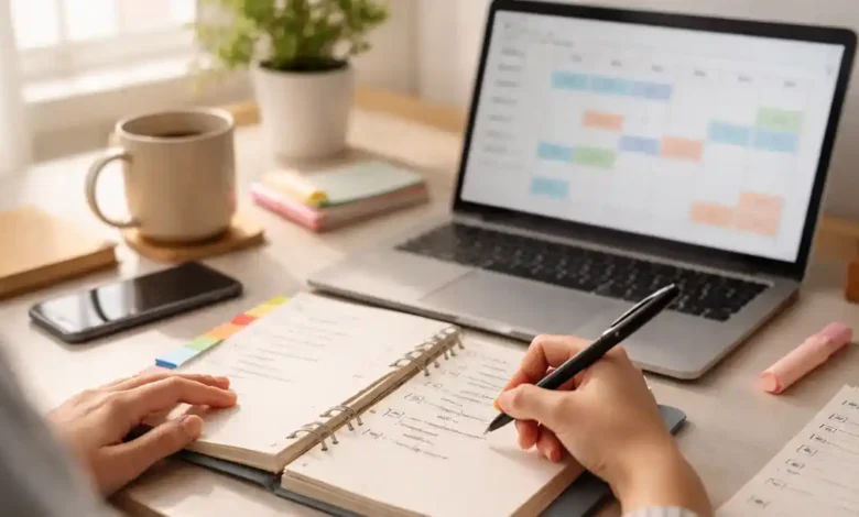 Student writing a daily study plan beside a laptop calendar and coffee in soft morning light.