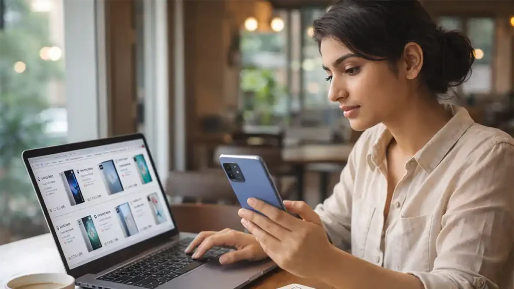 Young Pakistani woman comparing smartphones on a laptop in a café while holding a phone, with a checklist and chai on the table.