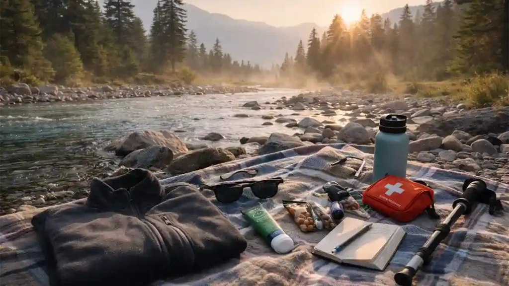Picnic blanket beside a mountain stream at sunrise with fleece jacket, sunscreen, sunglasses, first-aid kit, snacks, water bottle, and trekking pole