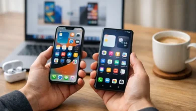 Hands holding an iPhone-style phone and an Android phone side by side on a desk with a laptop, earbuds, and coffee in the background.