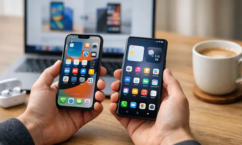 Hands holding an iPhone-style phone and an Android phone side by side on a desk with a laptop, earbuds, and coffee in the background.