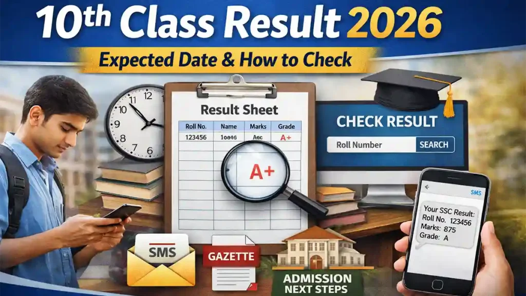 Student checking 10th class result 2026 on phone with result sheet and online roll number search showing SMS and gazette methods